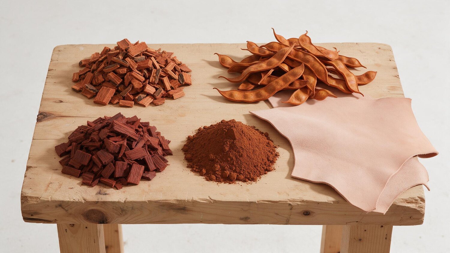 Mimosa bark, tara pods, quebracho chips and tannin extract beside undyed vegetable-tanned leather