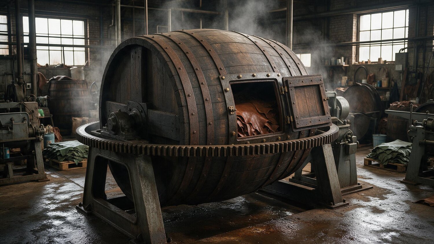 A rotating wooden tanning drum mid-process, wet leather at the drum mouth