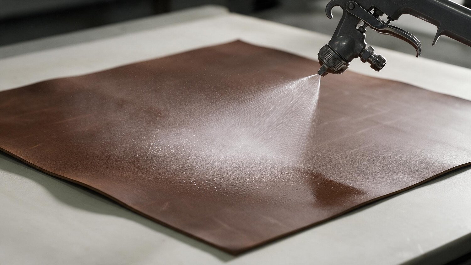 A spray gun laying an even water-based finish across a flat leather panel