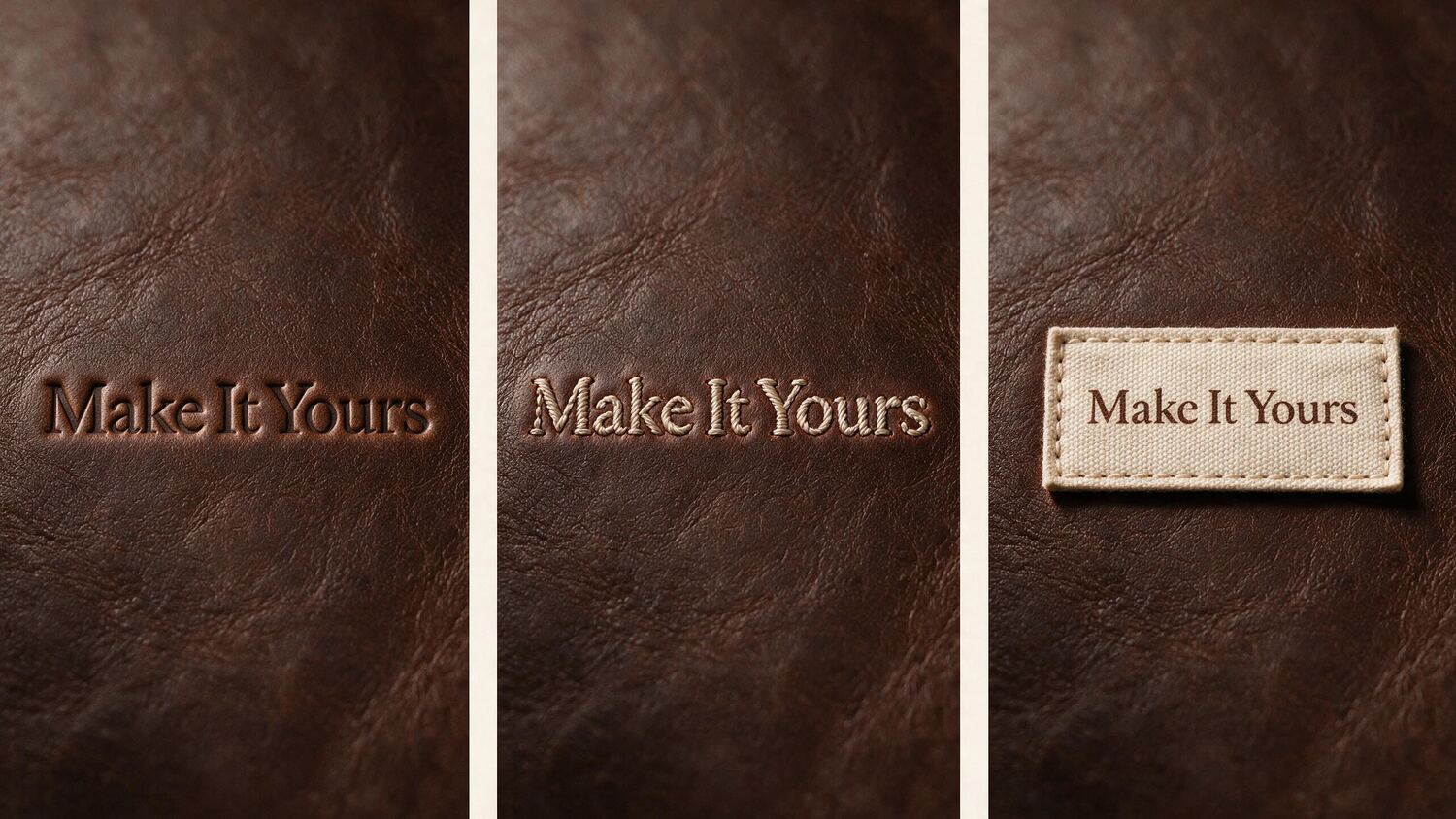 Three panels showing the same words heat-debossed, embroidered and set on a sewn label