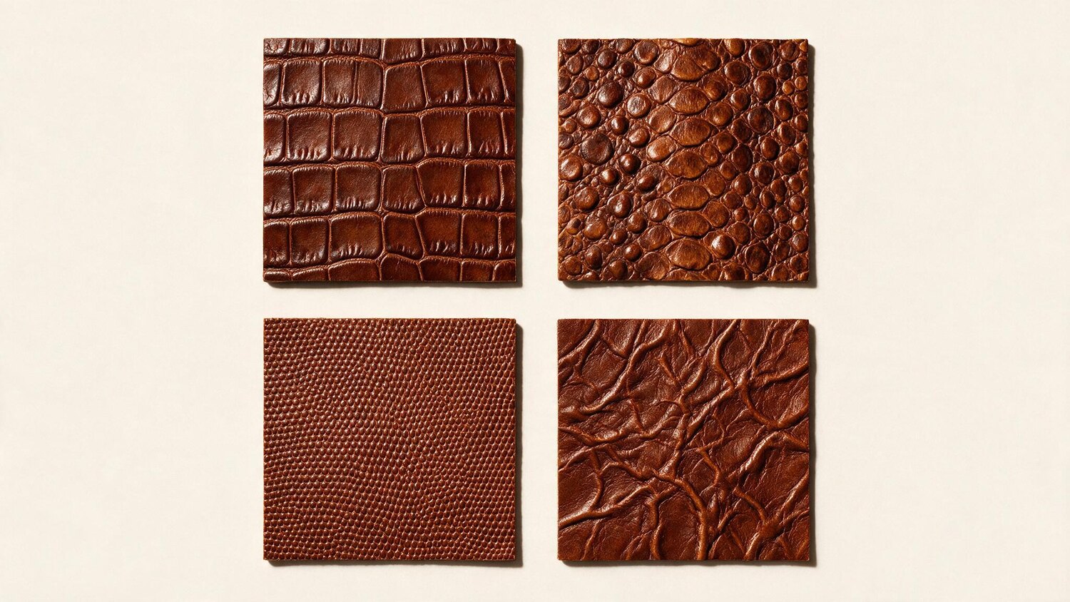 Four leather swatches embossed with crocodile, python, lizard and veined patterns