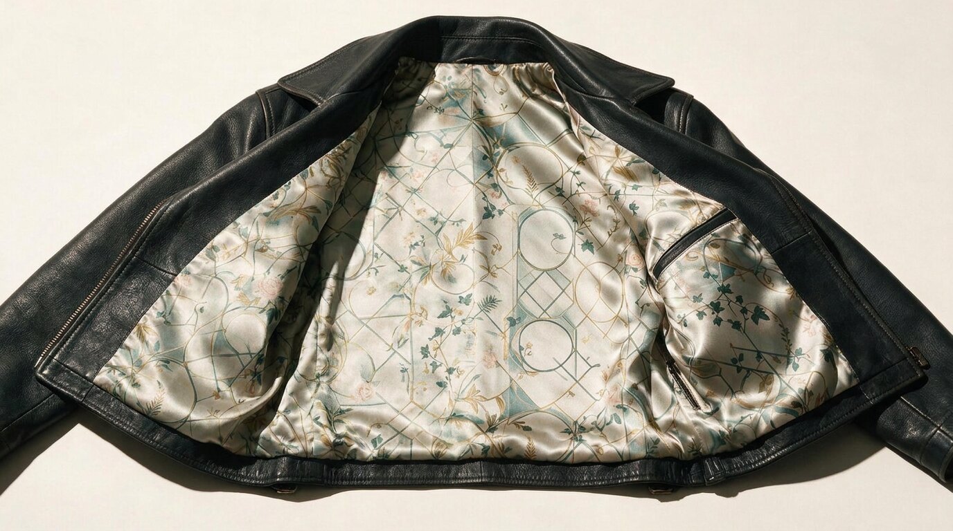 Custom-printed satin lining inside a finished jacket