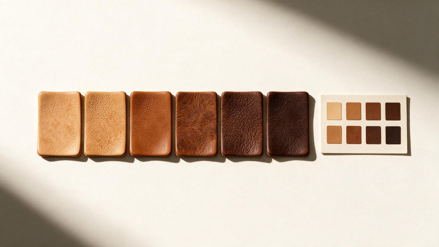 Leather swatches in a graduated tonal range beside a colour reference card