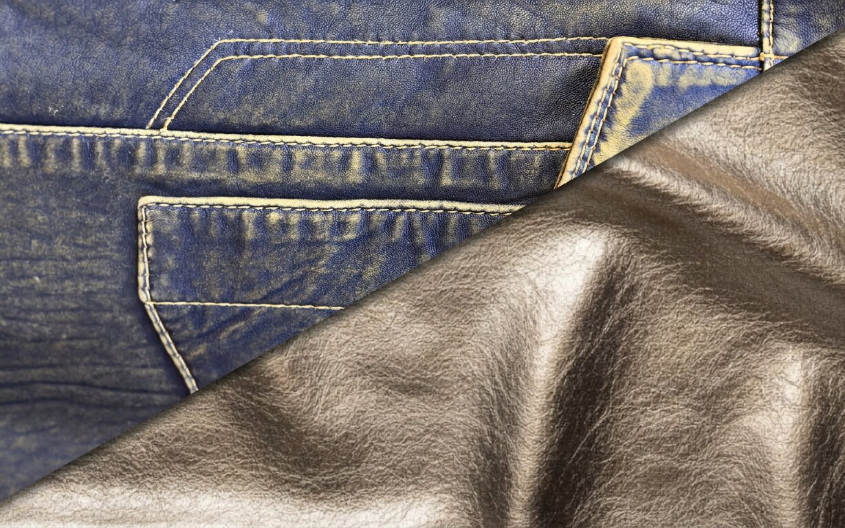 Drum-washed indigo leather meeting champagne metallic leather on a diagonal