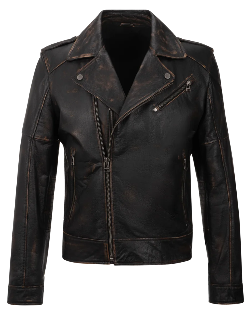 The Brother, a men&rsquo;s distressed black leather biker jacket, front view