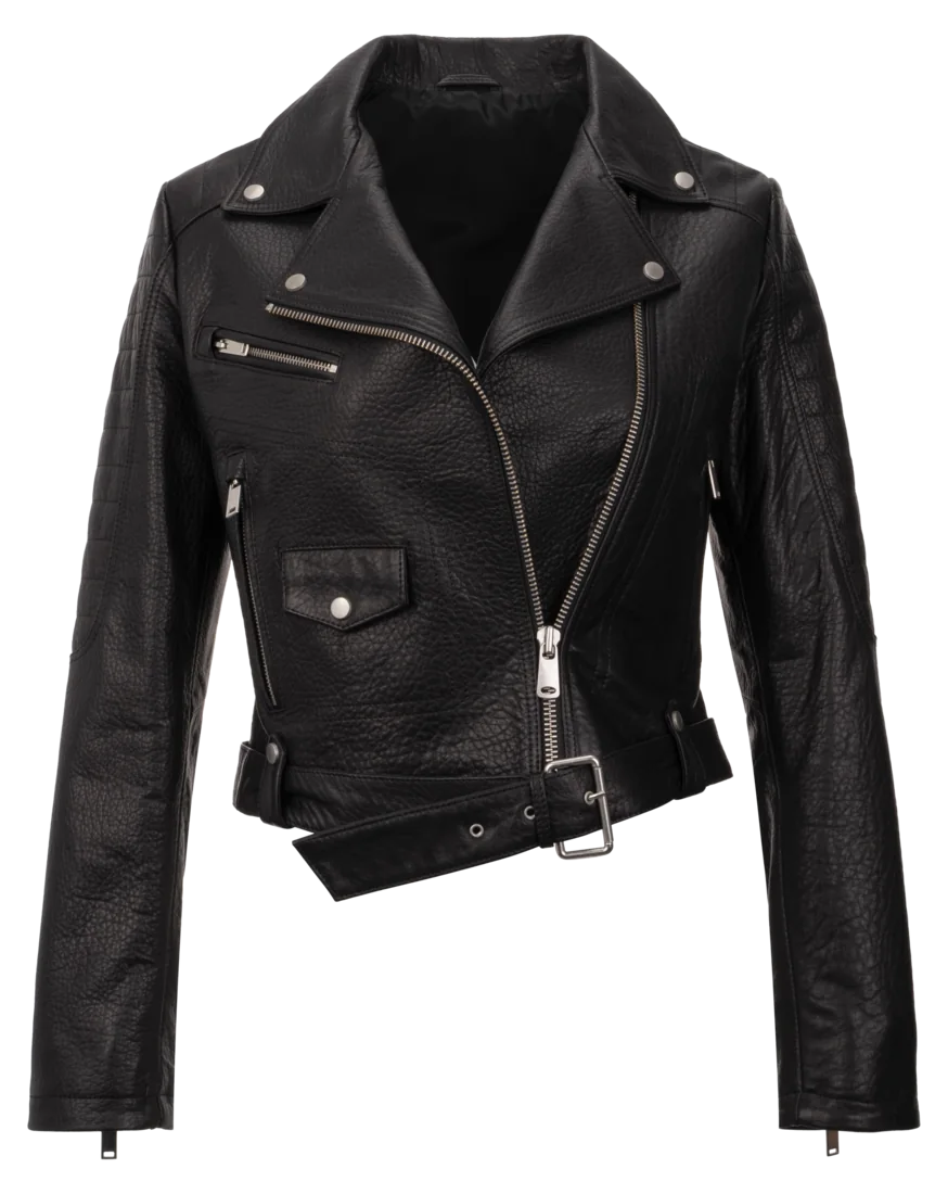 The Sister, a women&rsquo;s black leather biker jacket, front view